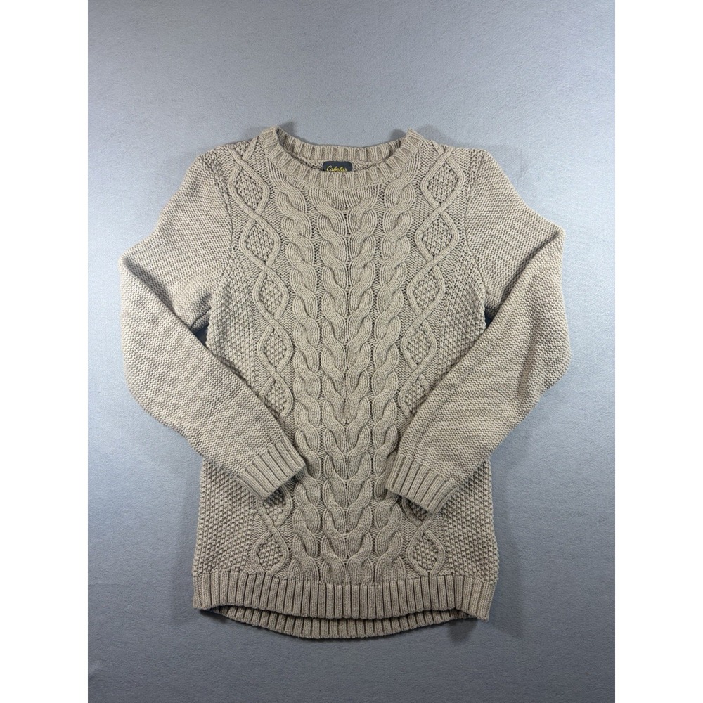 Cabelas Womens Medium Tan Brown Cable-Knit Pullover Tunic Sweater Fisherman